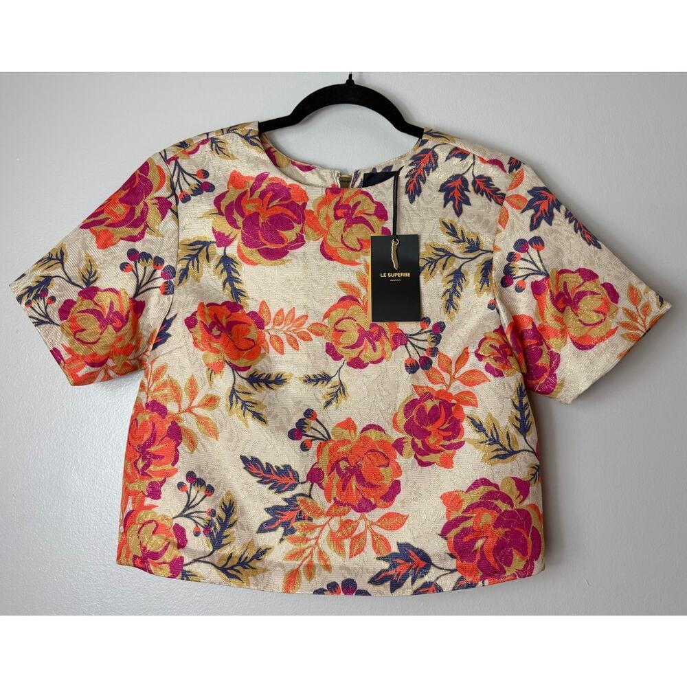 Le Superbe Top 0 Super Rose Orange Pink Gold Floral Fall Cropped Twee Casual - Picture 2 of 9
